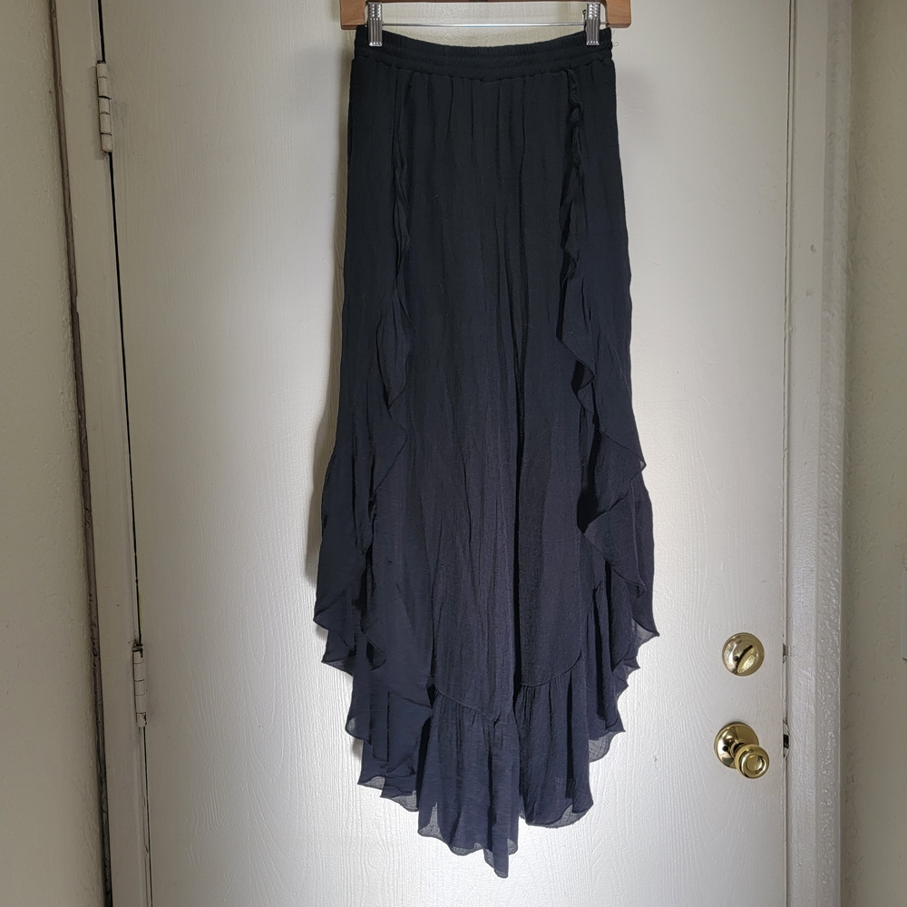 Chic Black Ruffled Wide Leg Pants